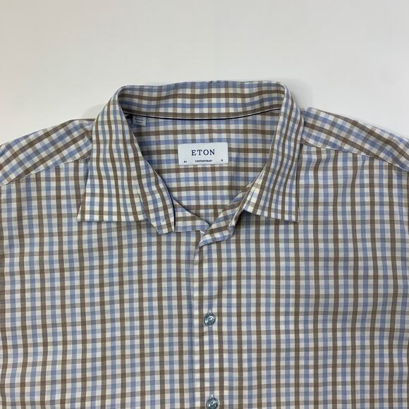 Eton Dress Shirt Mens 18 Brown Blue Gingham Check Contemporary Business Dress - Picture 4 of 11